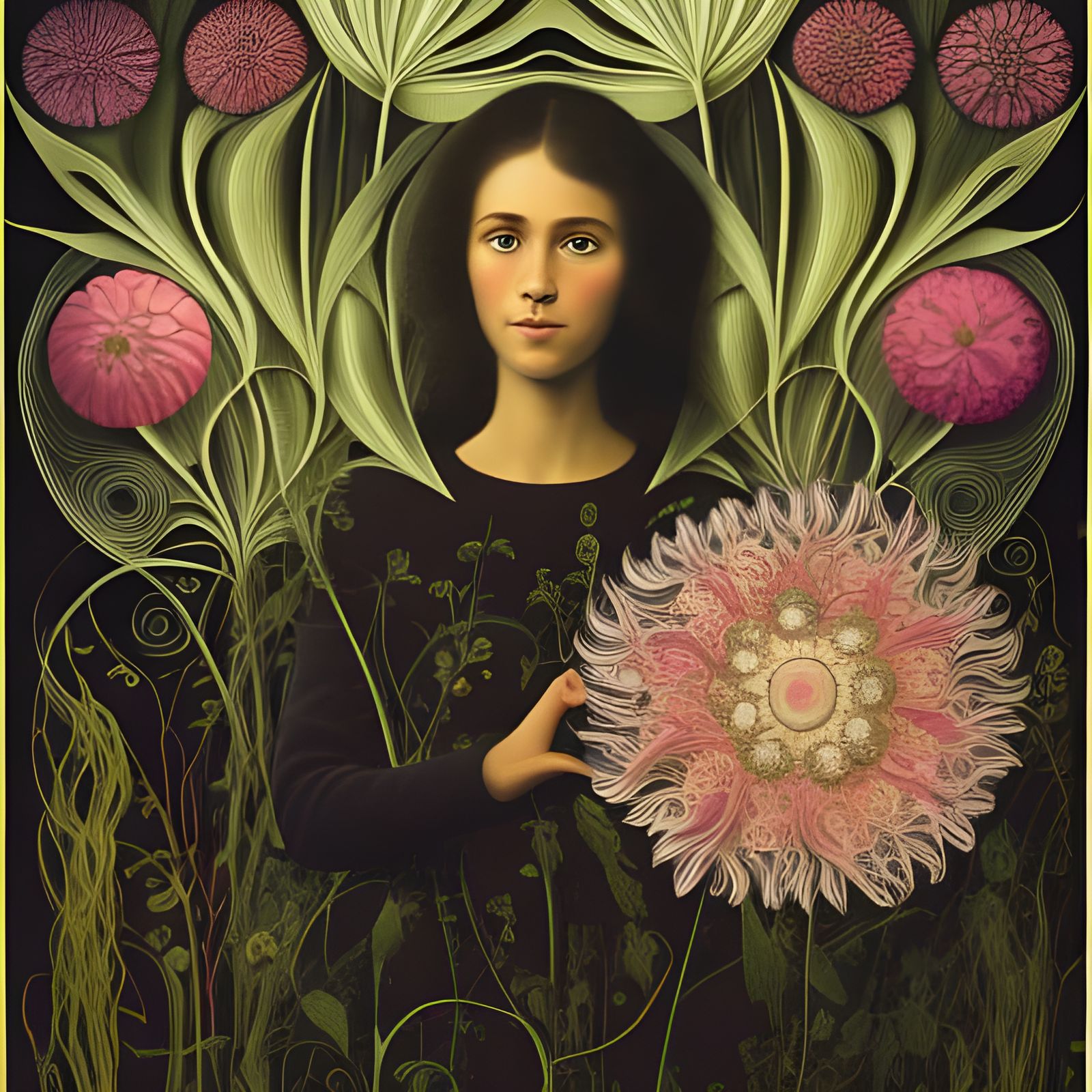 Girl with Flowers: Intricate Art in Haeckel Style