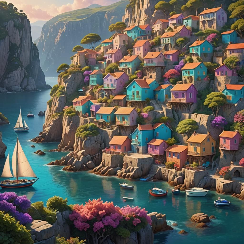 Picturesque Coastal Village in Digital Matte Painting