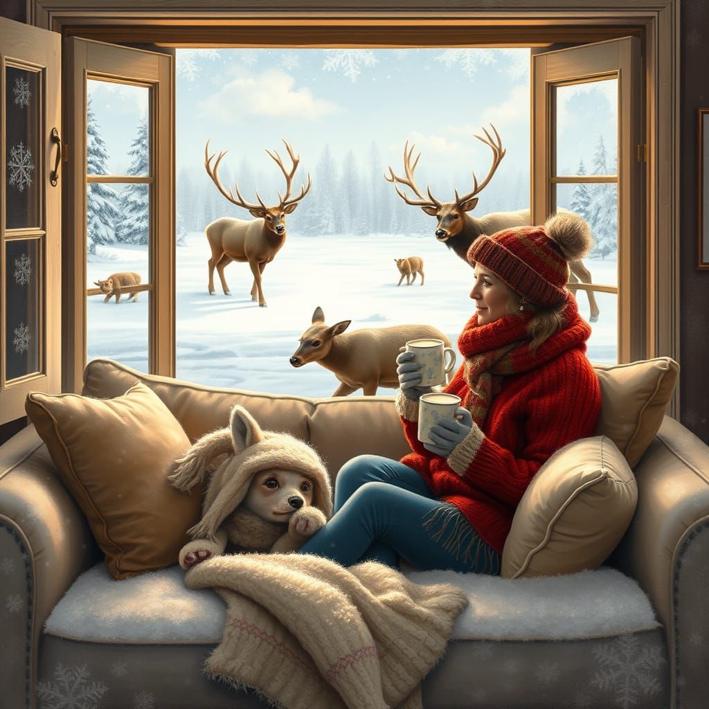 Cozy Couple Winterscape with Majestic Deer and Elk