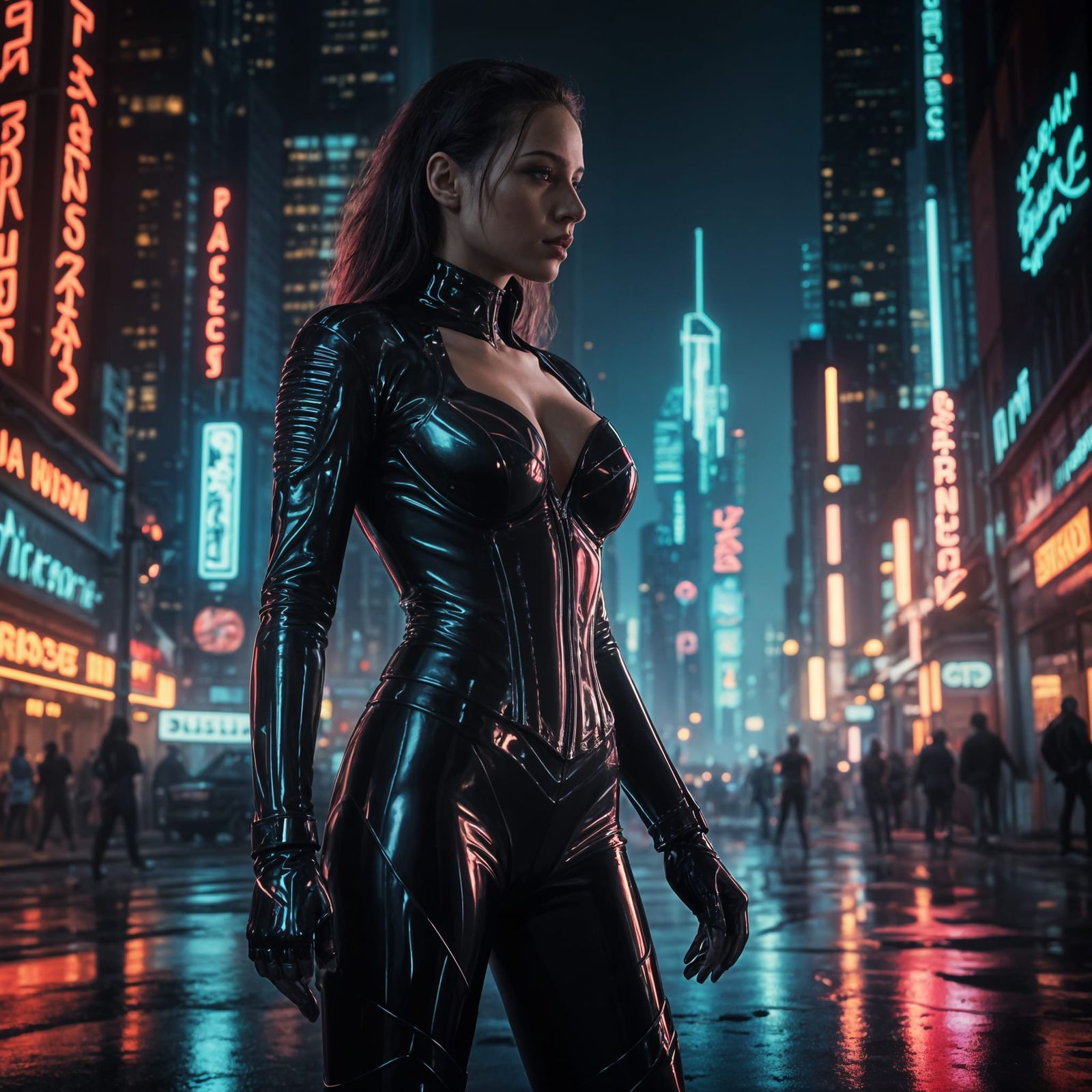 Cyberpunk Goddess in Neon-Lit Cityscape