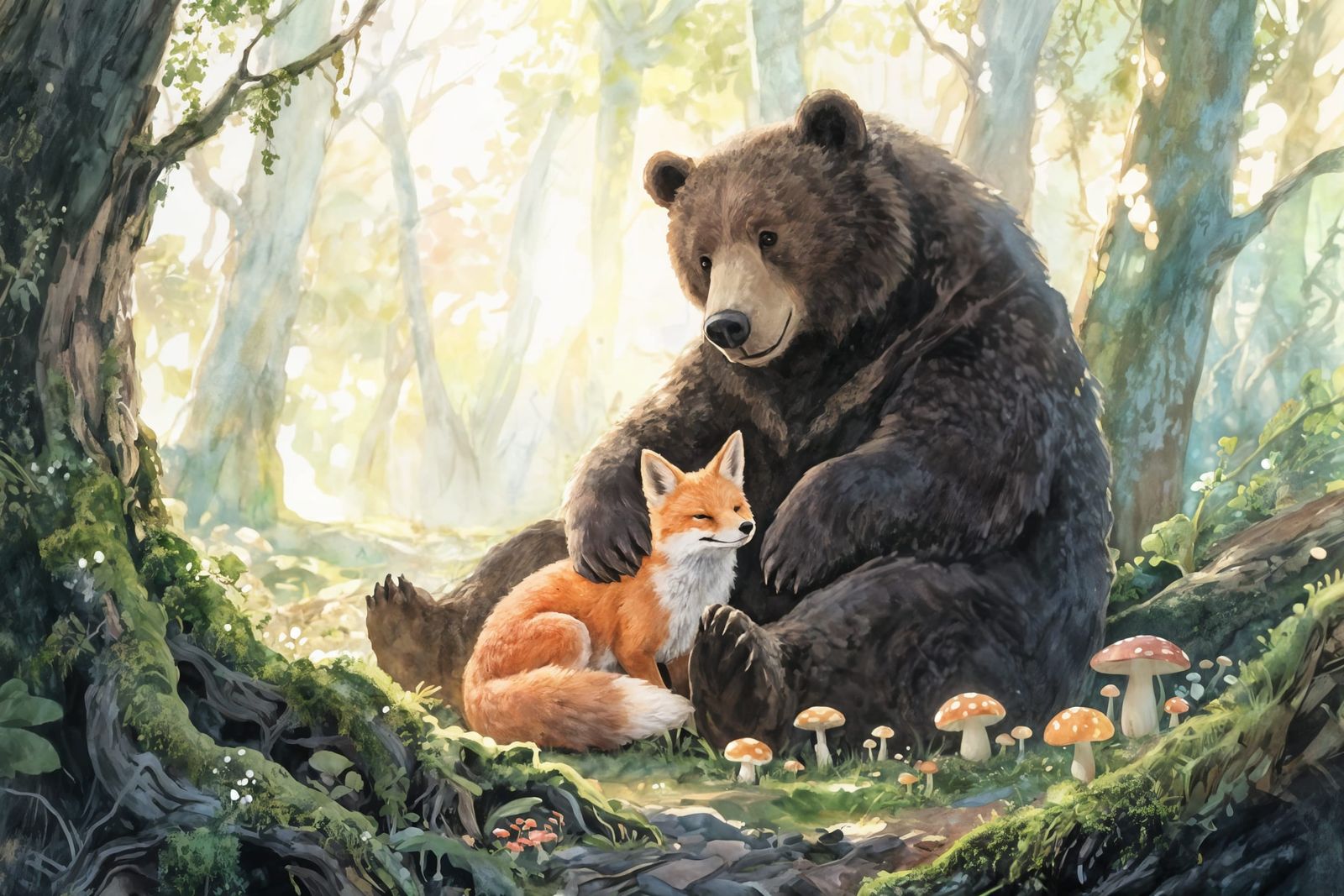 Bear and Fox Friendship in Ethereal Forest
