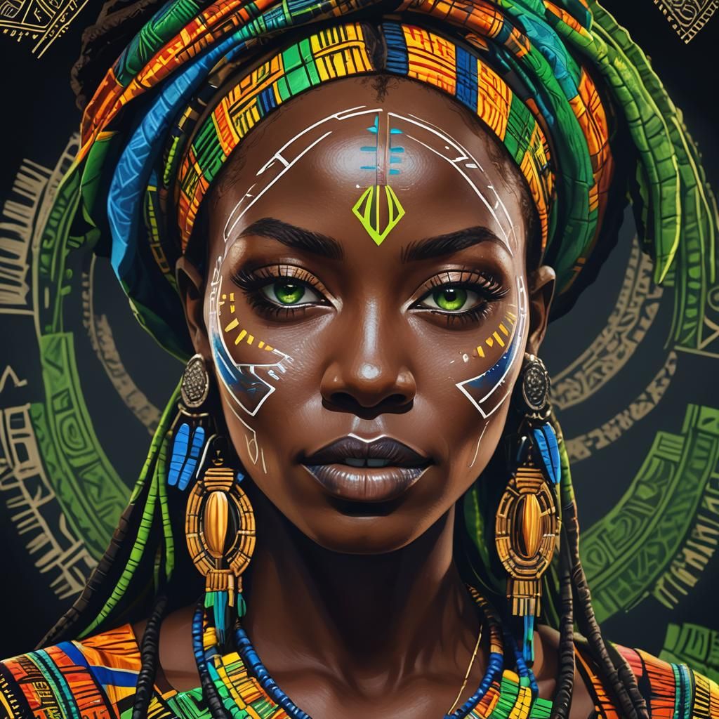 Neon Tribal Makeup on African Girl, Realistic Art