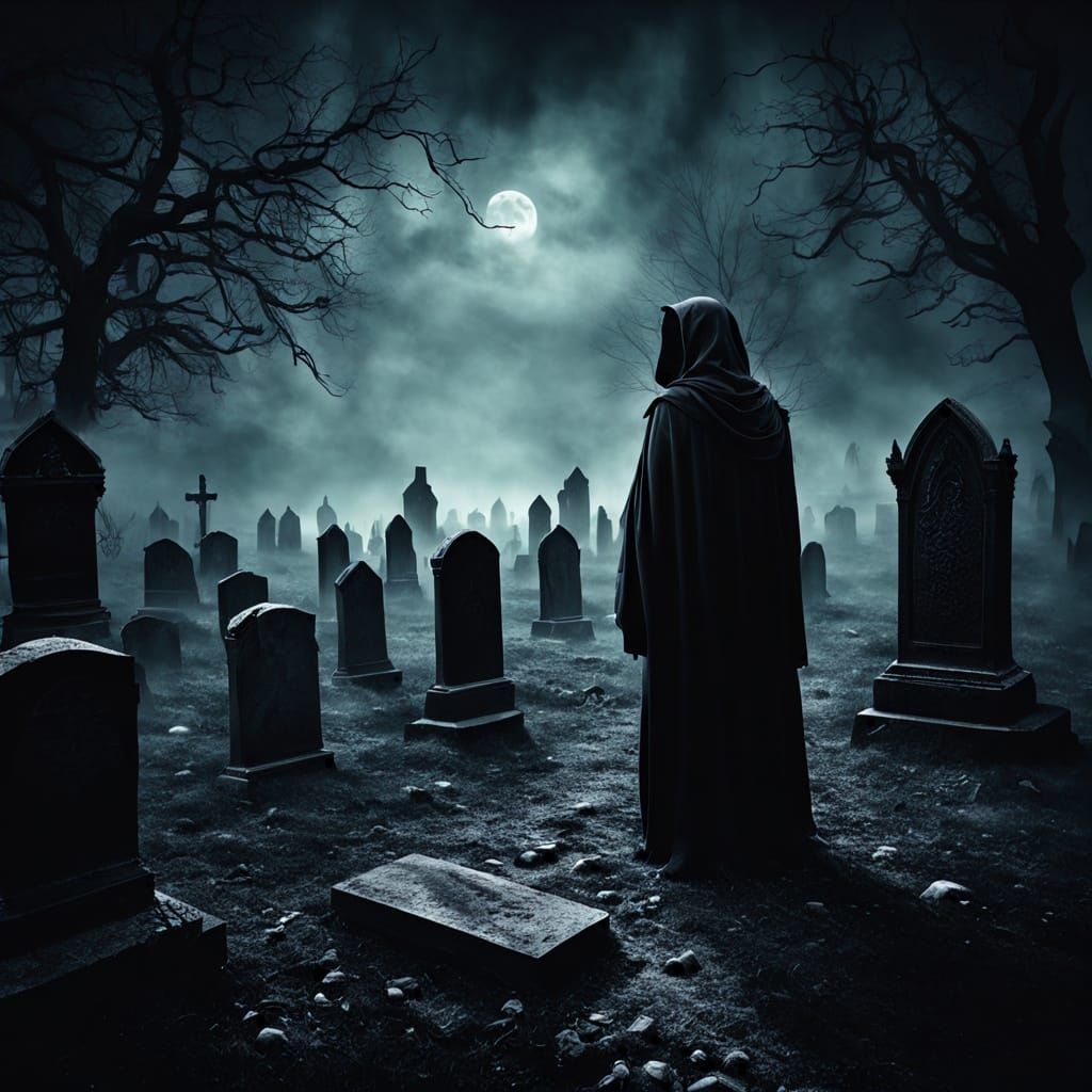 Gothic Figure Emerges from Misty Graveyard Shadows