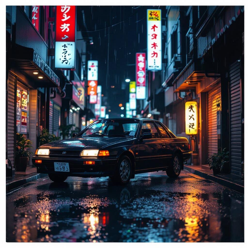 90s JDM Car in Neon Rainy City Alley