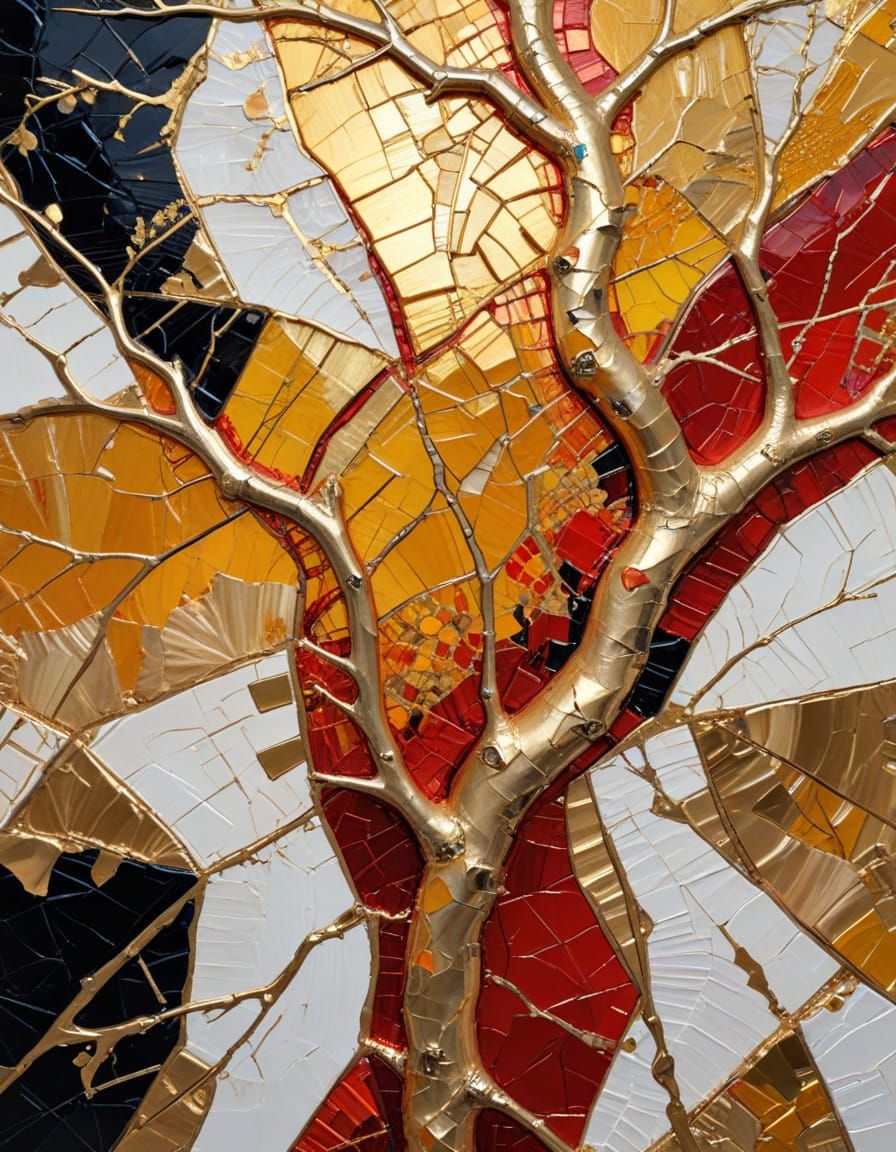 A tree's bark with golden kintsugi mosaic and delicate liquid gold lines. Smooth impasto