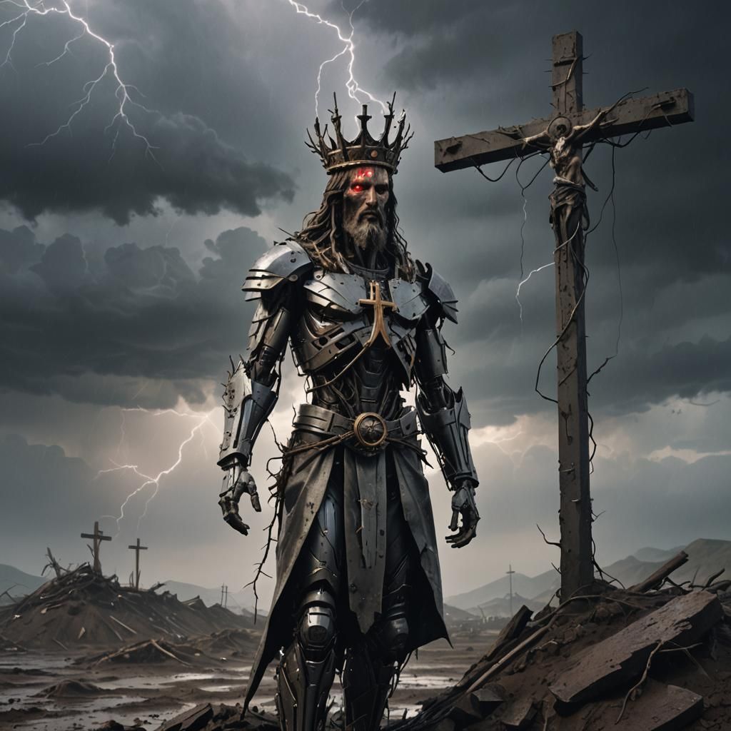 Robot Jesus.crown of thorns..long beard .metal crucifix.mudd...
