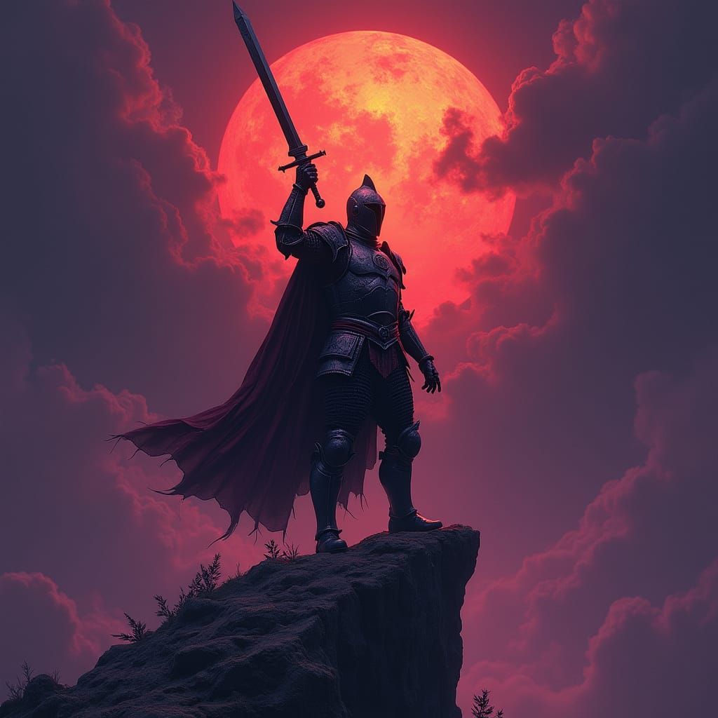 Heroic Knight Defies Mystical Abyss in Dark Fantasy Art