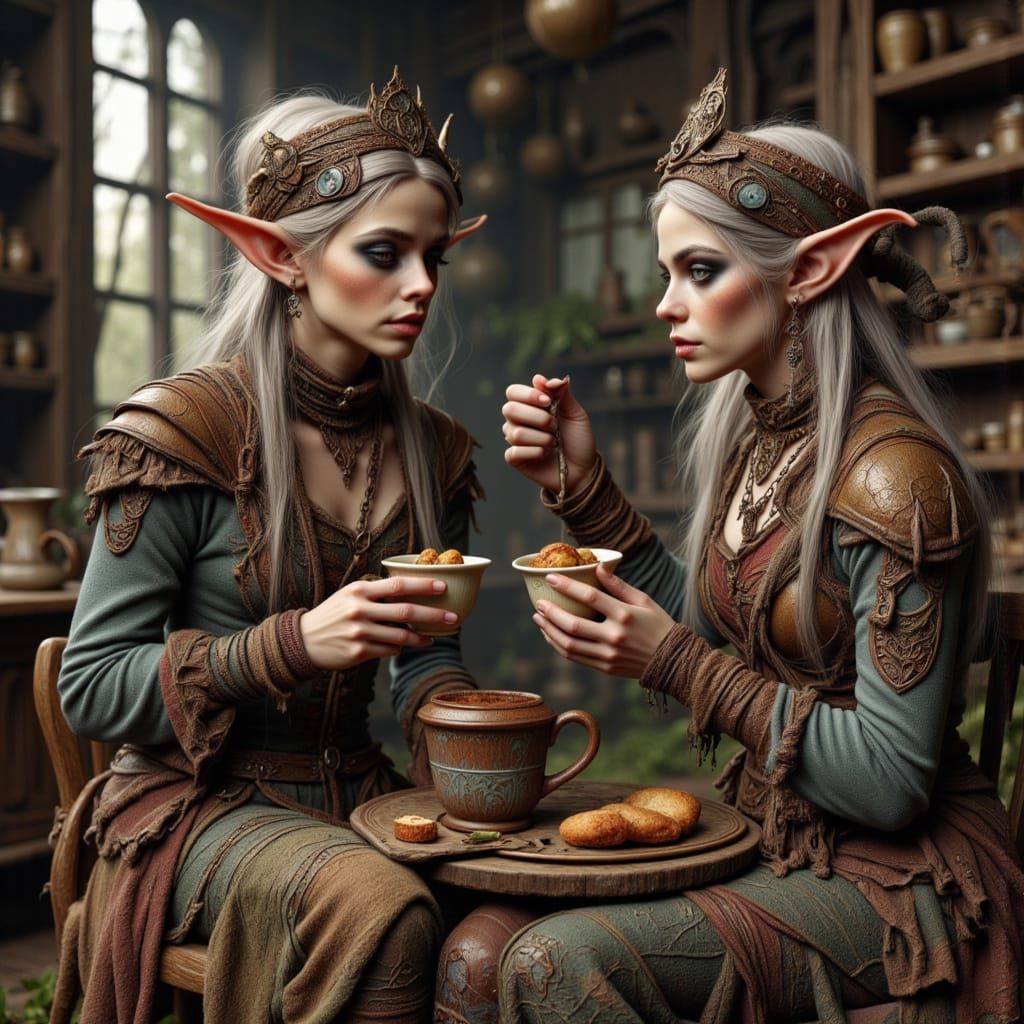 Whimsical Dark Fantasy Elves Enjoy Tea in Post-Apocalyptic H...
