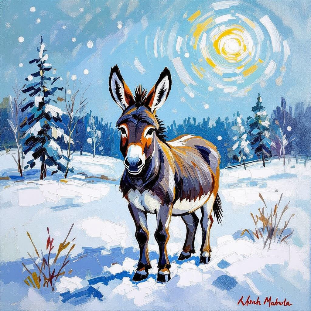 Donkey in Snowfield: Impasto Painting with Vibrant Colors