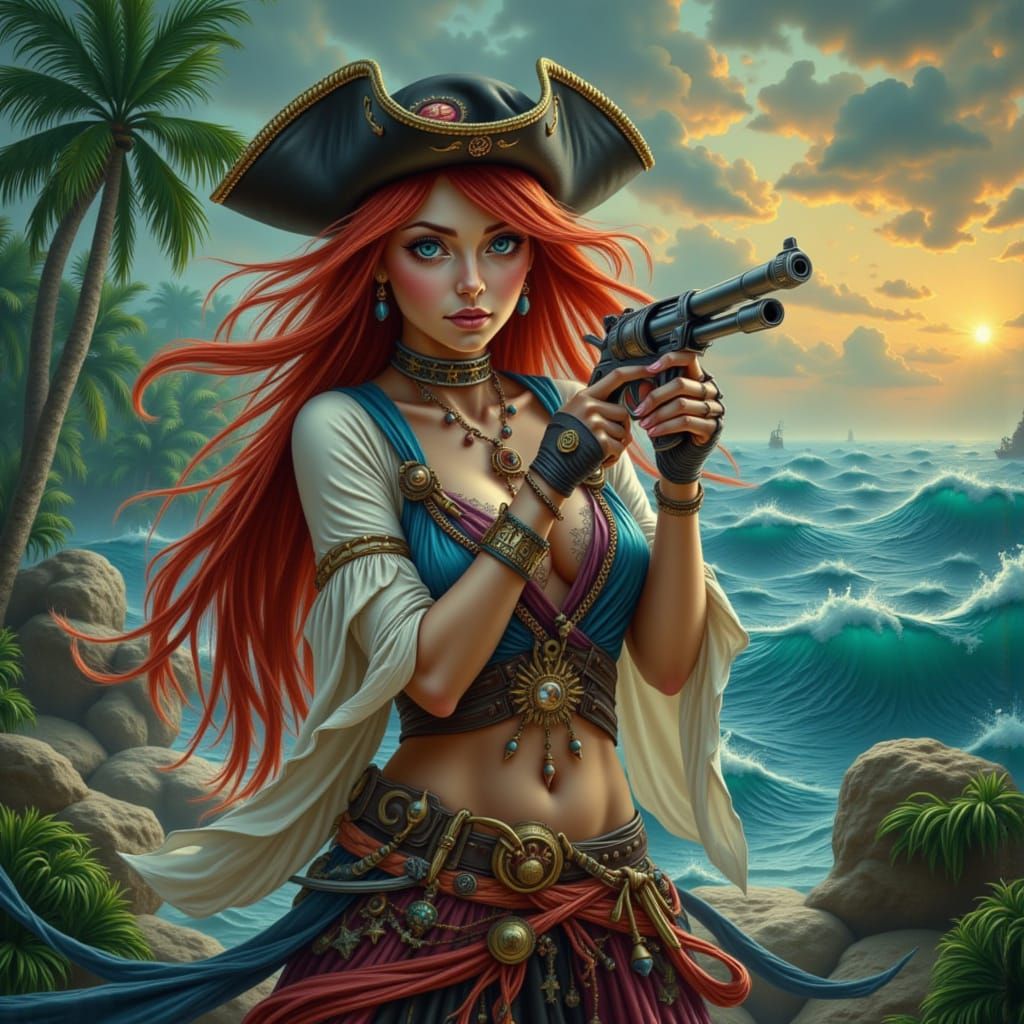 Realistic Pirate Woman with Treasure Chest