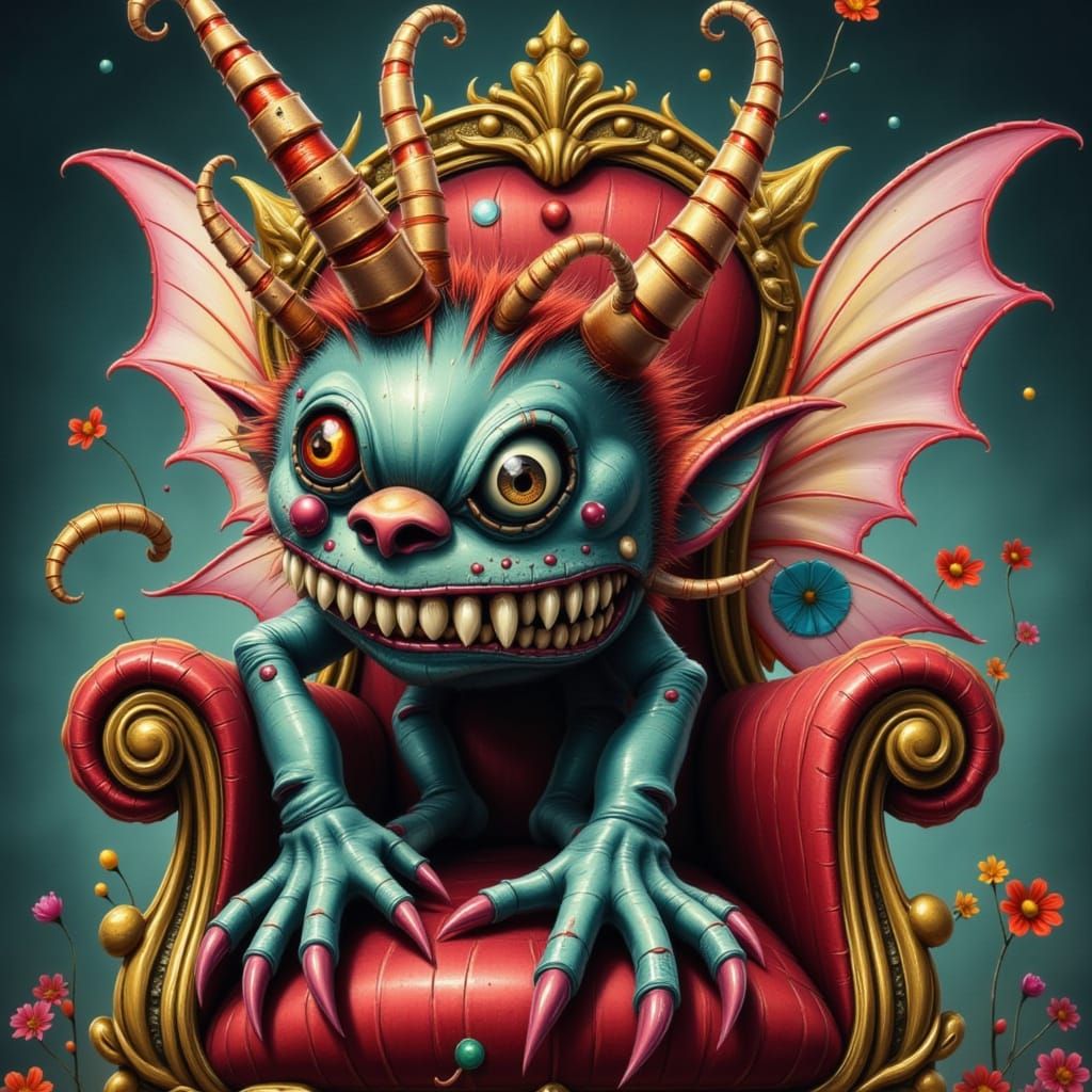 Whimsical Fairy with Sharp Teeth on Candy Cane Throne