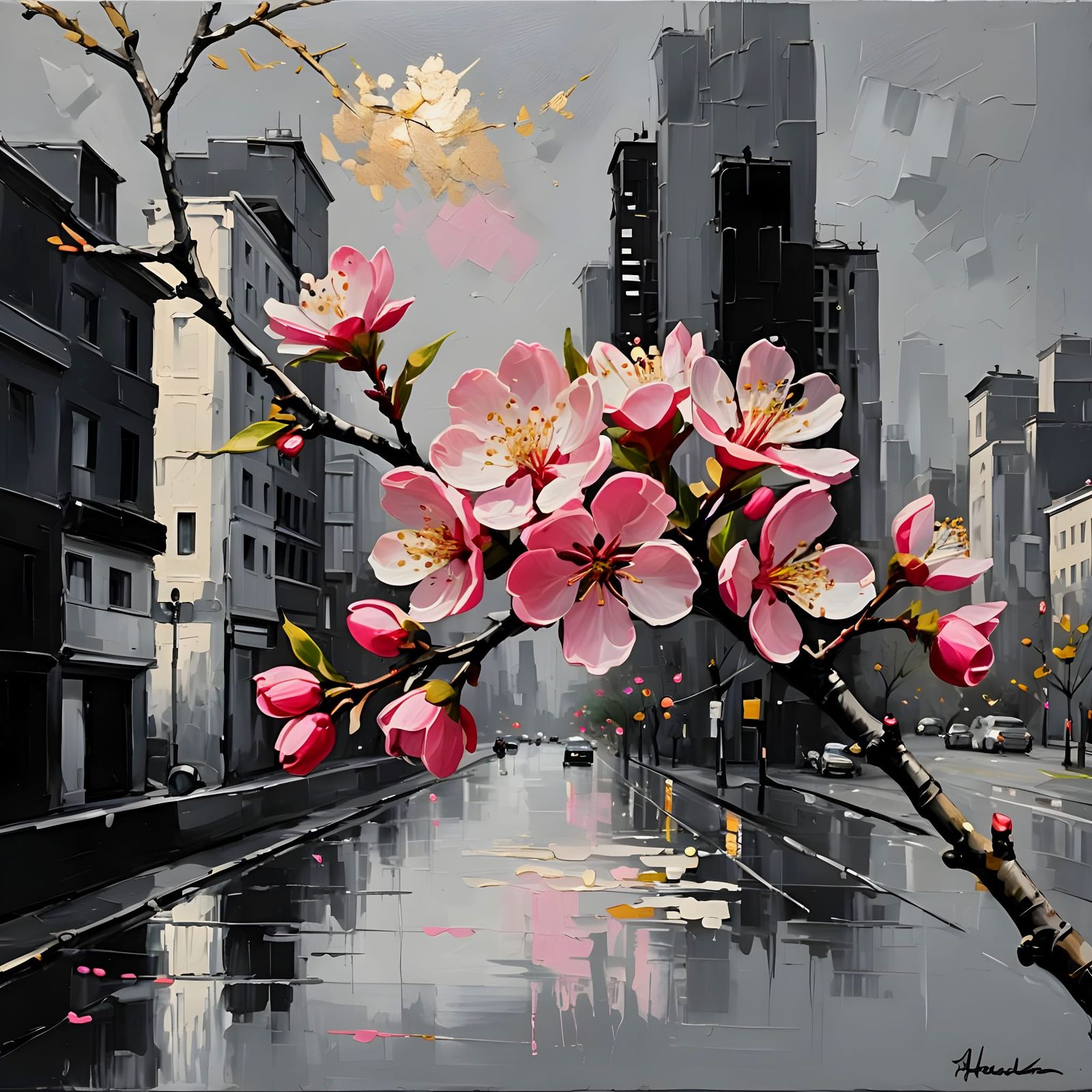 Vibrant Pink Blossom Branch in Impressionist Oil Painting