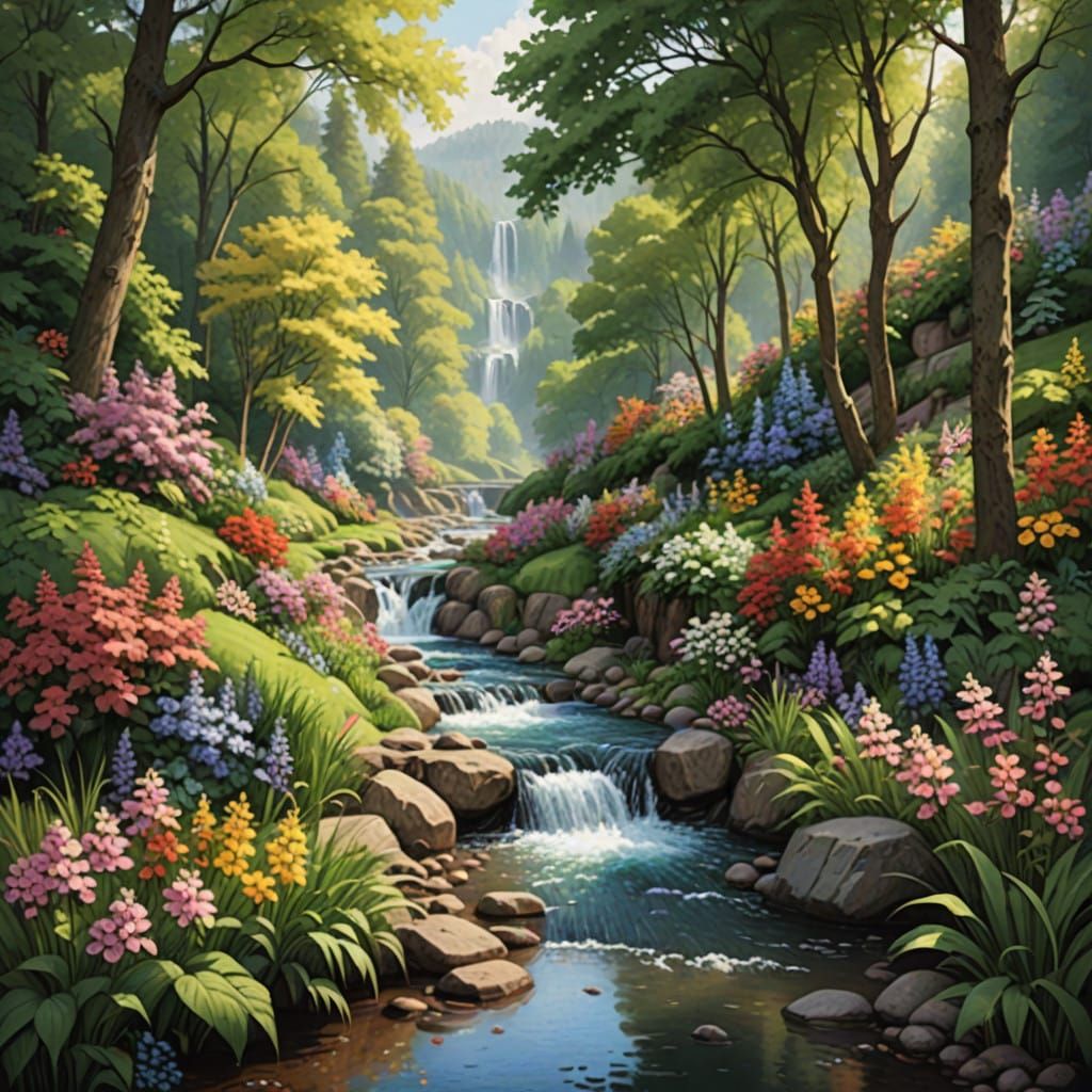 Peaceful Stream Waterfall with Lush Flowers