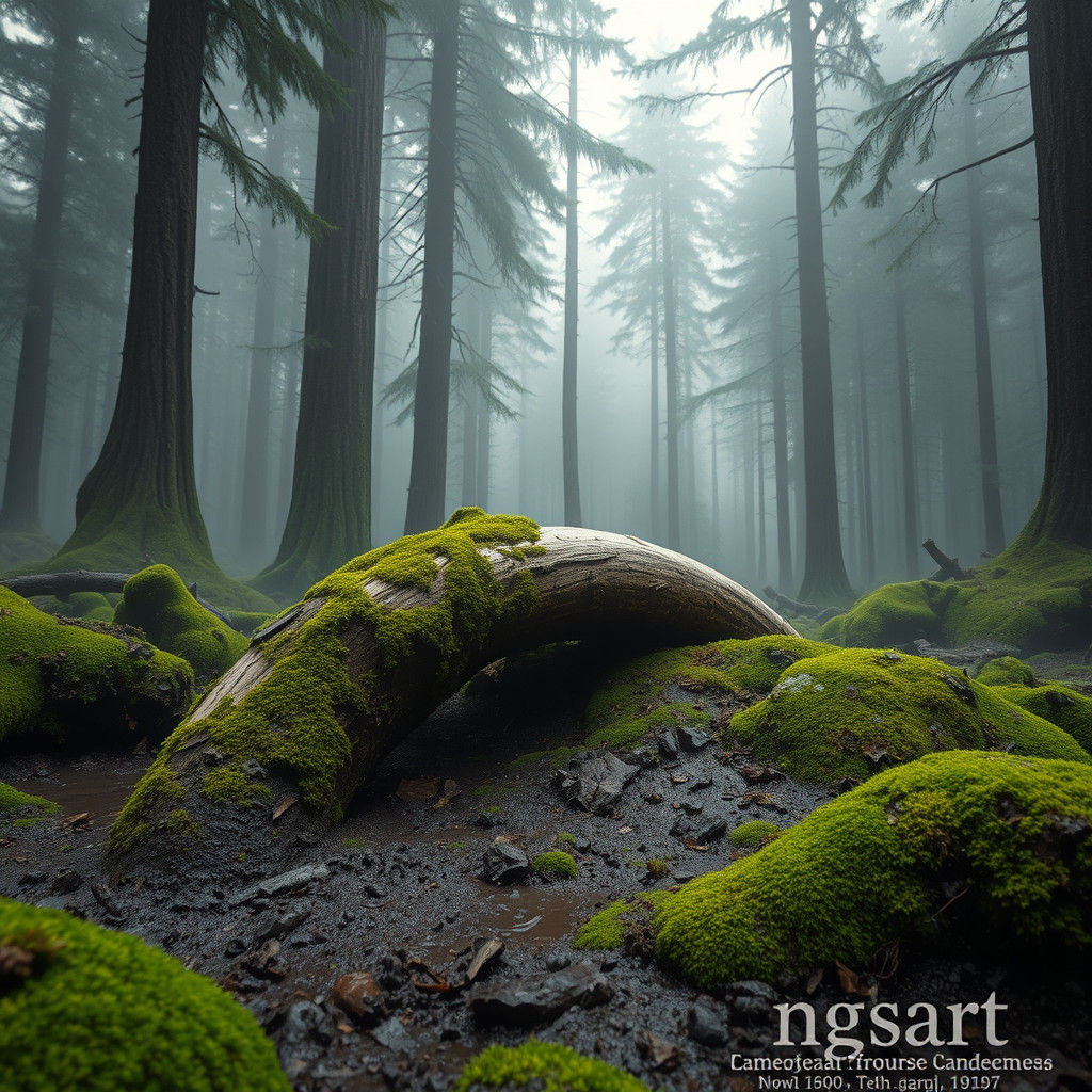Moss-Covered Mammoth Tusk in Primeval Forest