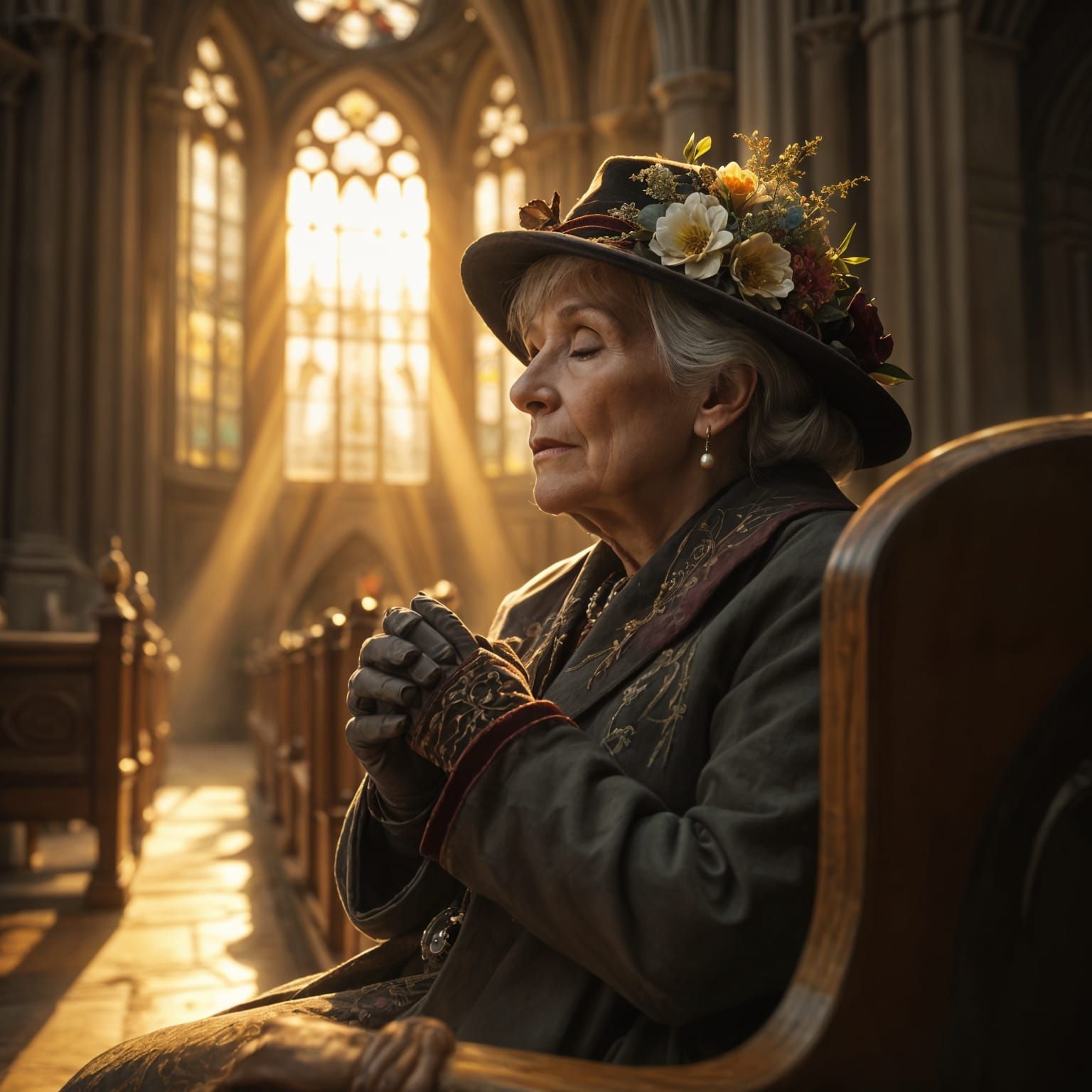 Elegant Woman in Gothic Cathedral, Inspired by Waterhouse, B...