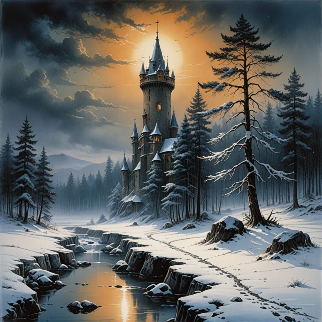 Romantic Winter Landscape with Gothic Tower