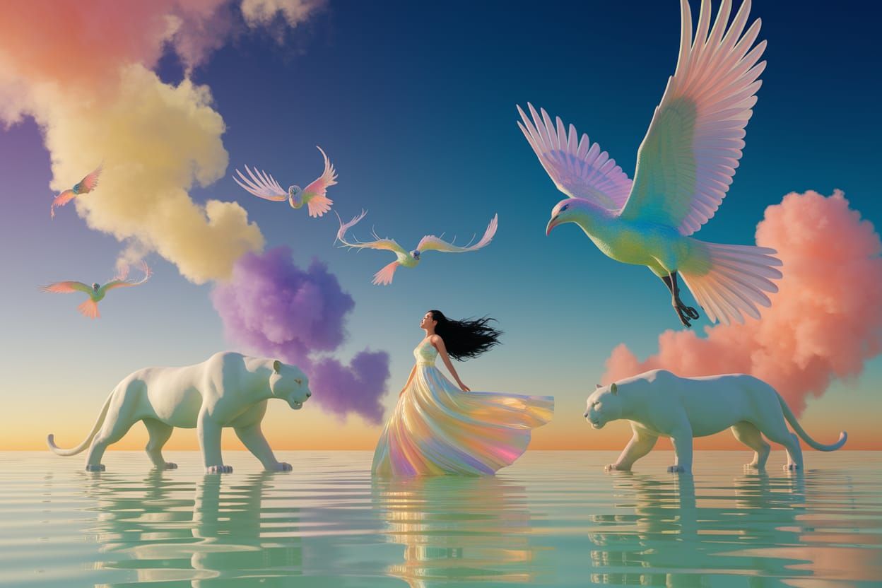 Extreme wide shot, A tiny woman with long black flowing hair, wearing a flowing, iridescent pastel yellow gown stands gr...