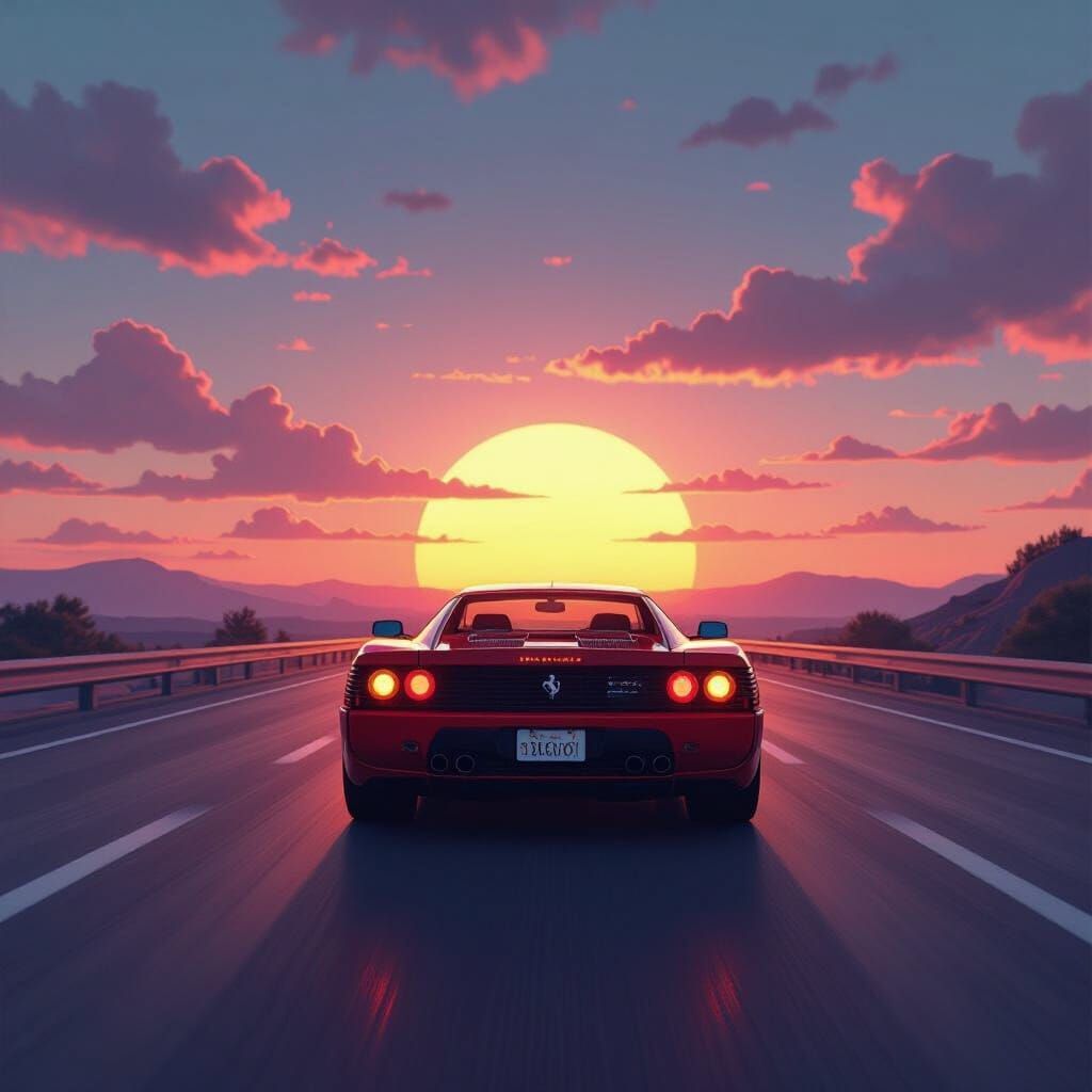 Red Ferrari Drives Into Vibrant Sunset, 80s Synthwave Style