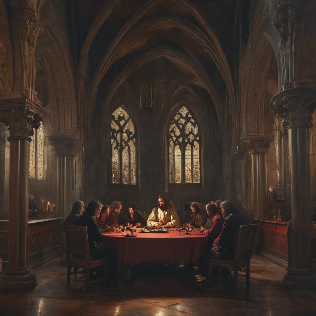 Last Supper in Gothic Cathedral: Renaissance Oil Painting