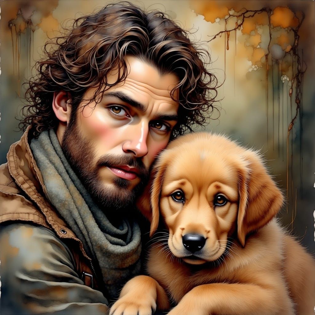 Man Hugging Golden Retriever Puppy in a Whimsical Artistic S...