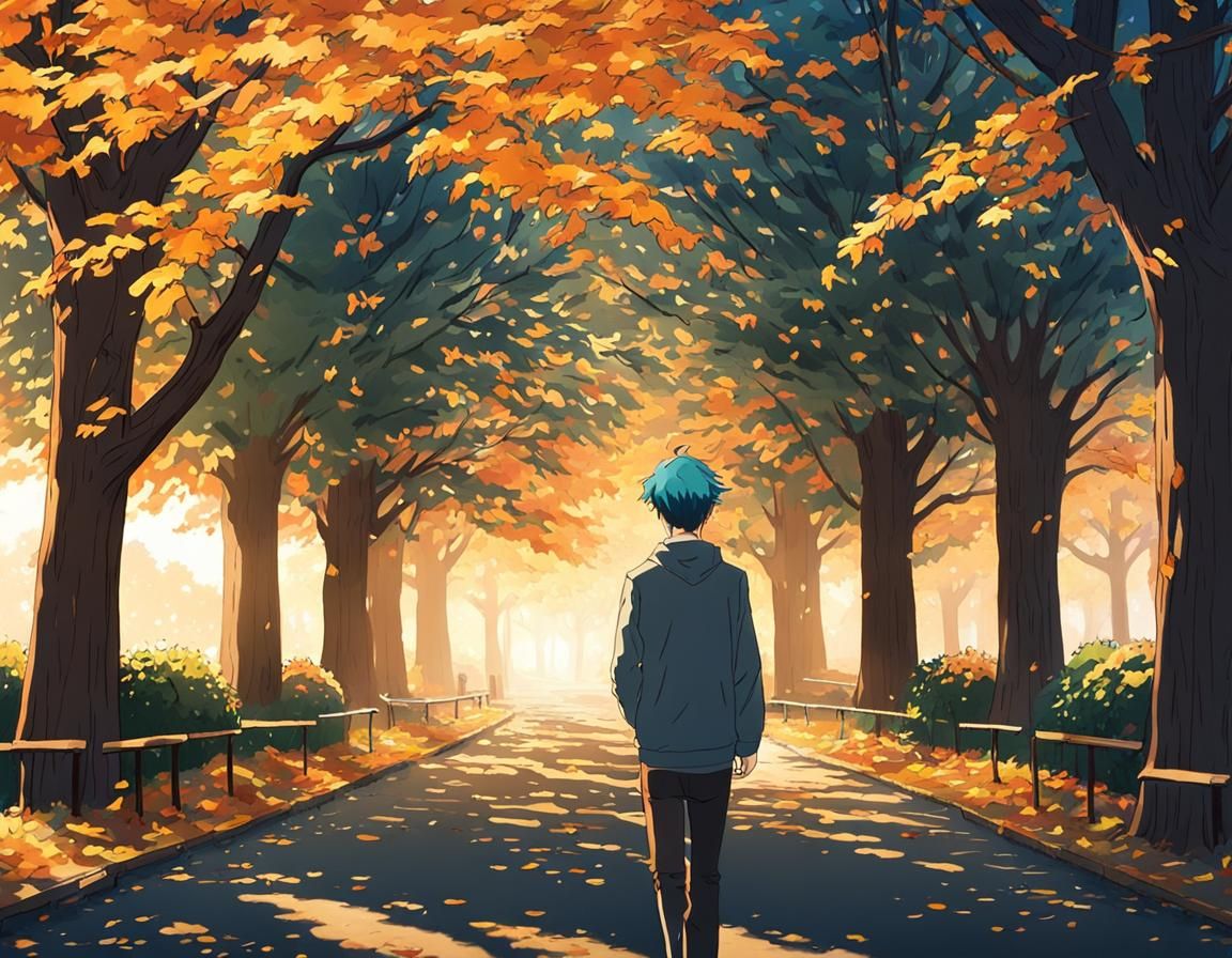 Blue-Haired Man Walking in Park: Anime Style