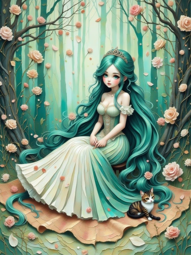 Anime Princess with Teal Hair and Cat in Forest