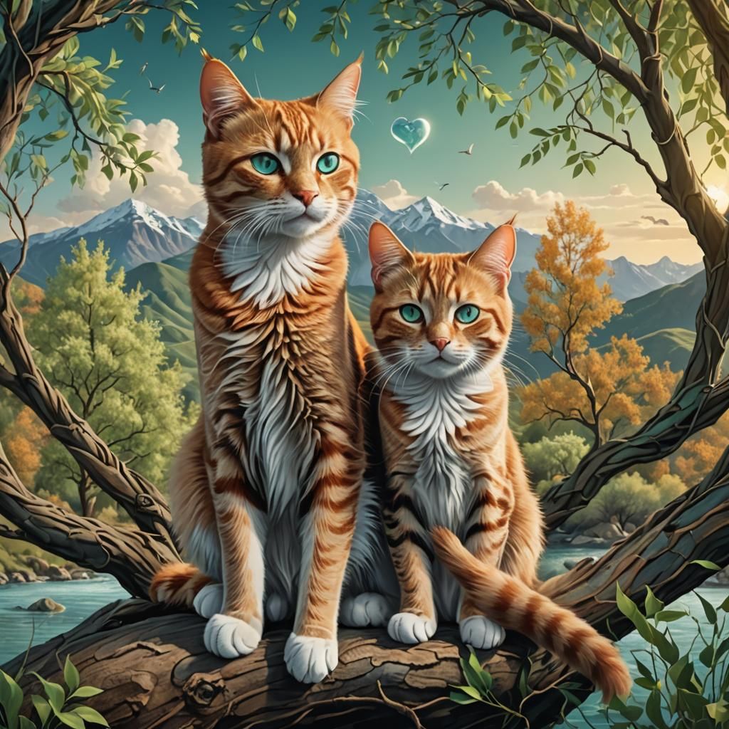 Two Cats in Willow Tree: Fantasy Concept Art