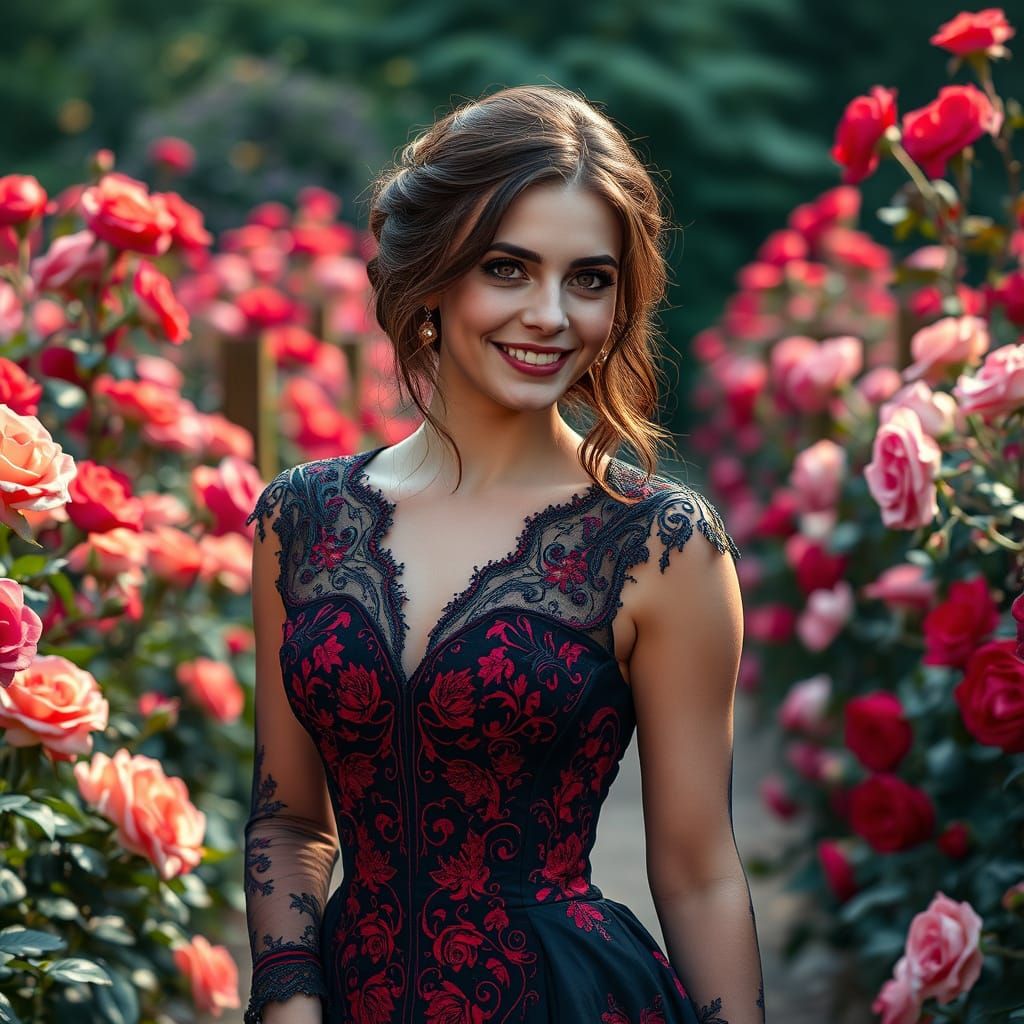 Woman in Victorian Gown in Rose Garden