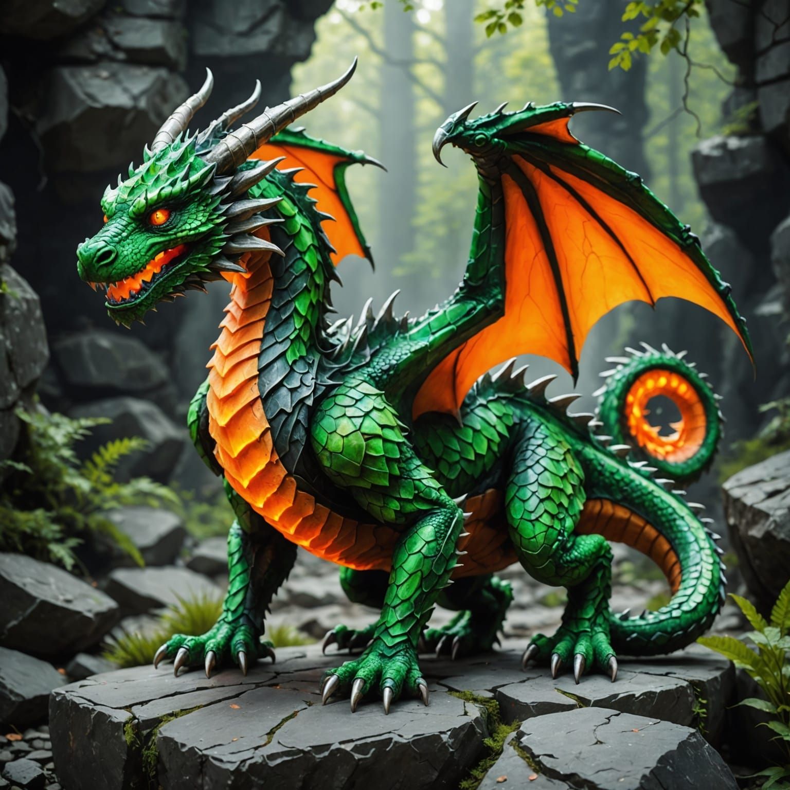 Neon Green and Orange Stone Dragon Sculpture