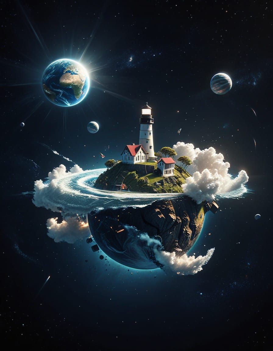 Tiny Lighthouse Planet Drifting in Space