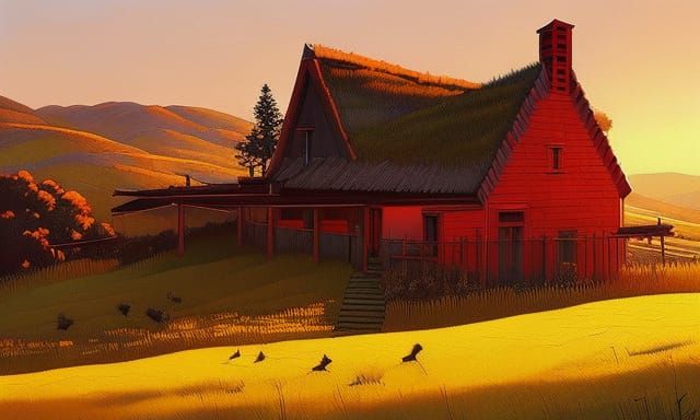 Whimsical Farmhouse at Sunset in Retro Art Style