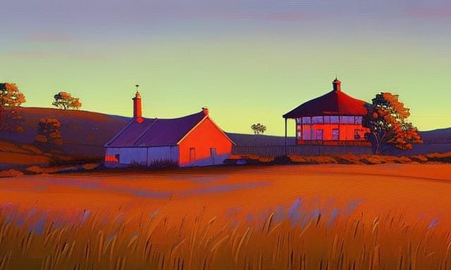 Fantasy Farmhouse at Sunset in Retro Art Style