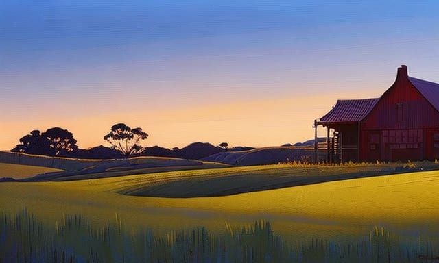Majestic Farmhouse Sunset: Retro Art Style