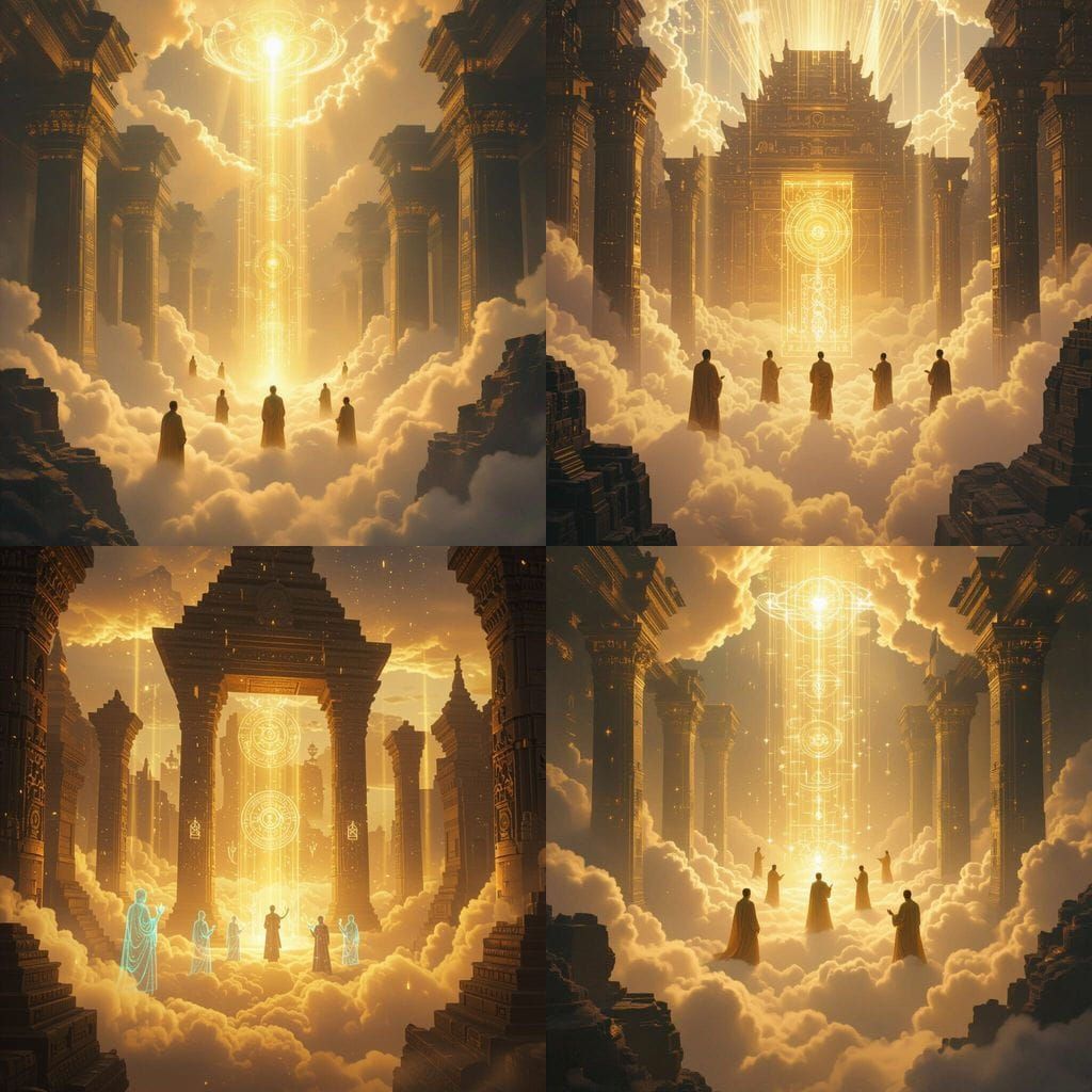 Divine Temple Floating on Golden Clouds