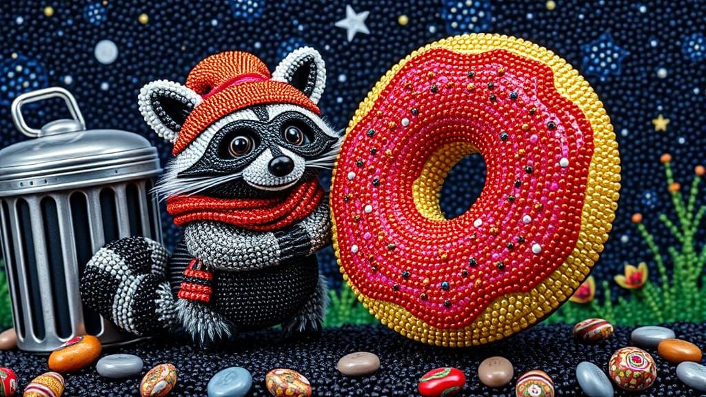 Beaded Raccoon Bandit Steals Donut in Mosaic Style
