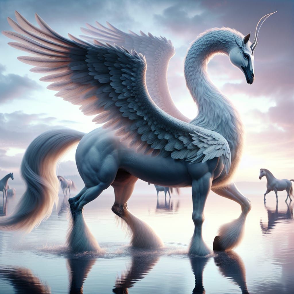 Majestic Swan-Horse Hybrid in Serene Lake Dawn Setting