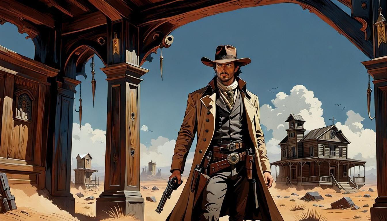 Dynamic Gunslinger in 17th Century Western Saloon