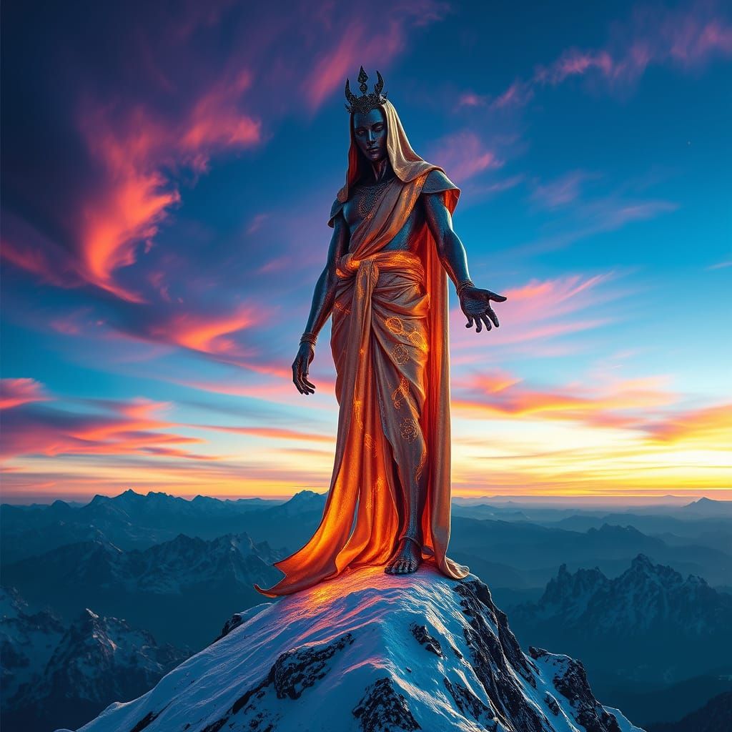Humanoid God on Mountain Peak in Cosmic Horror Style