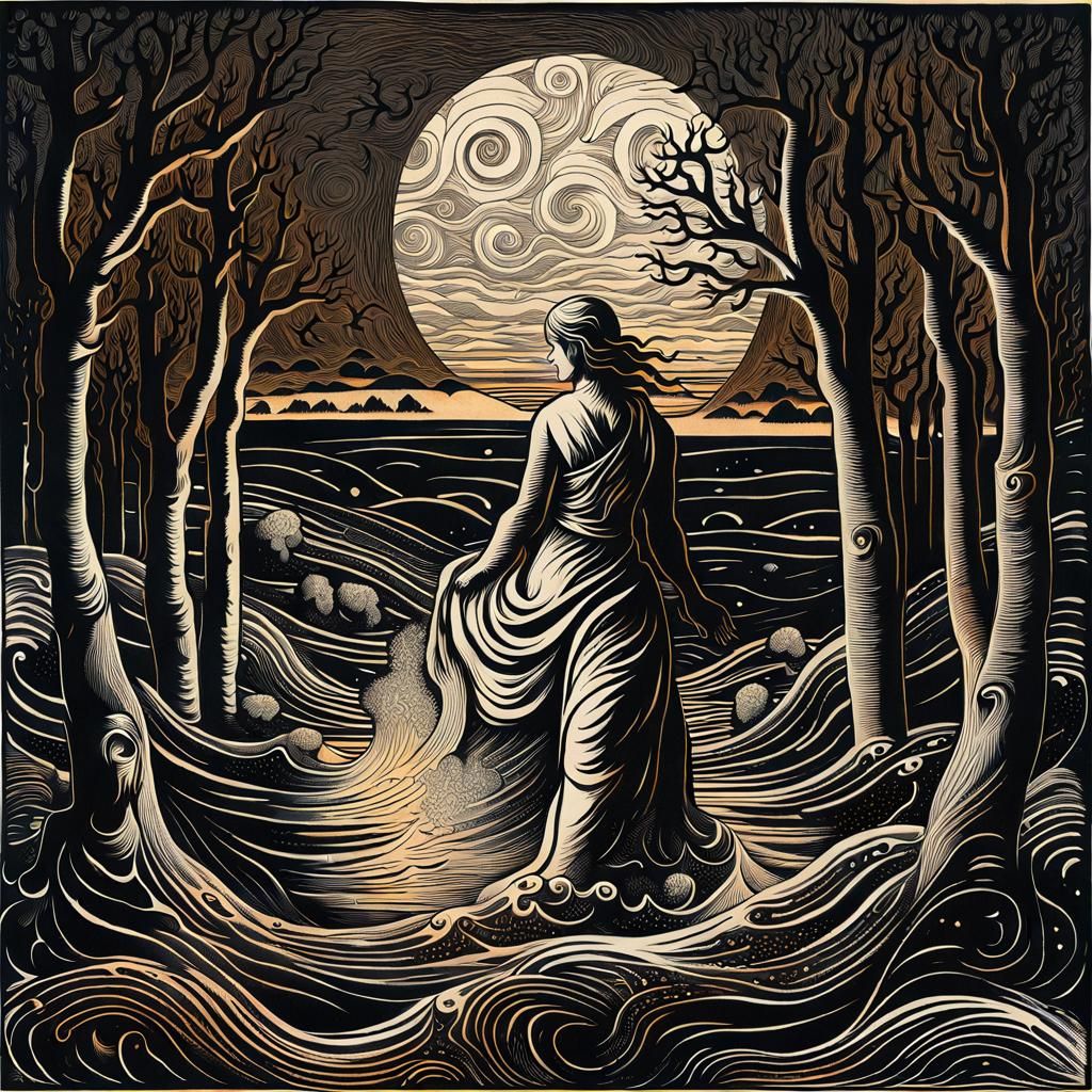 Virgo Zodiac Woodcut Print: Maidens and Approaching Storm