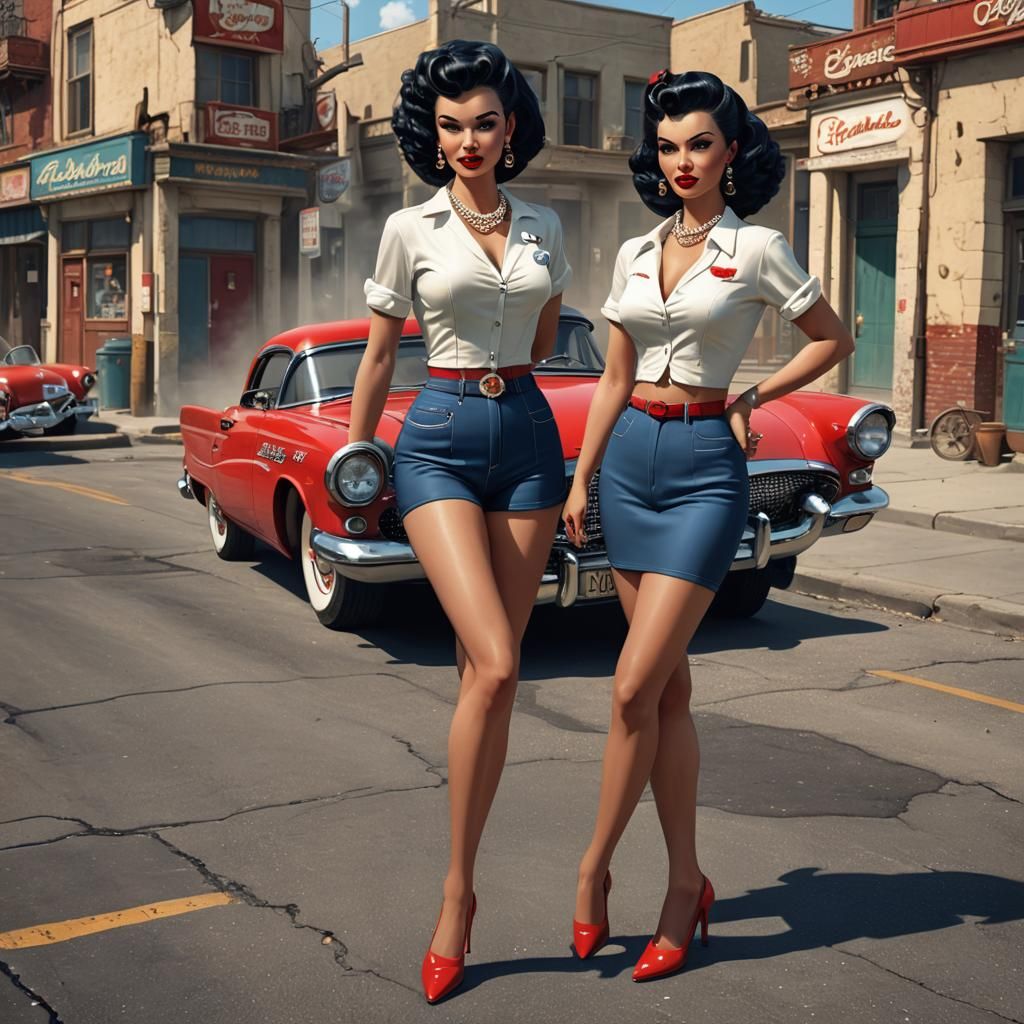1950s Pin-Up Girl with Thunderbird, Detailed Matte Painting