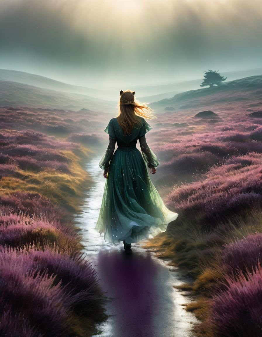 Girl and Fox on Misty Moors in Watercolor