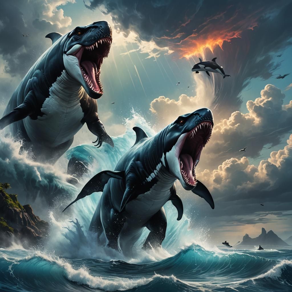 T-Rex Confronts Giant Orca Head in Fantasy Art