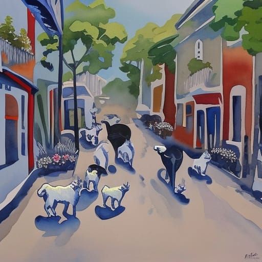 Cats Going to Work as Gouache Painting