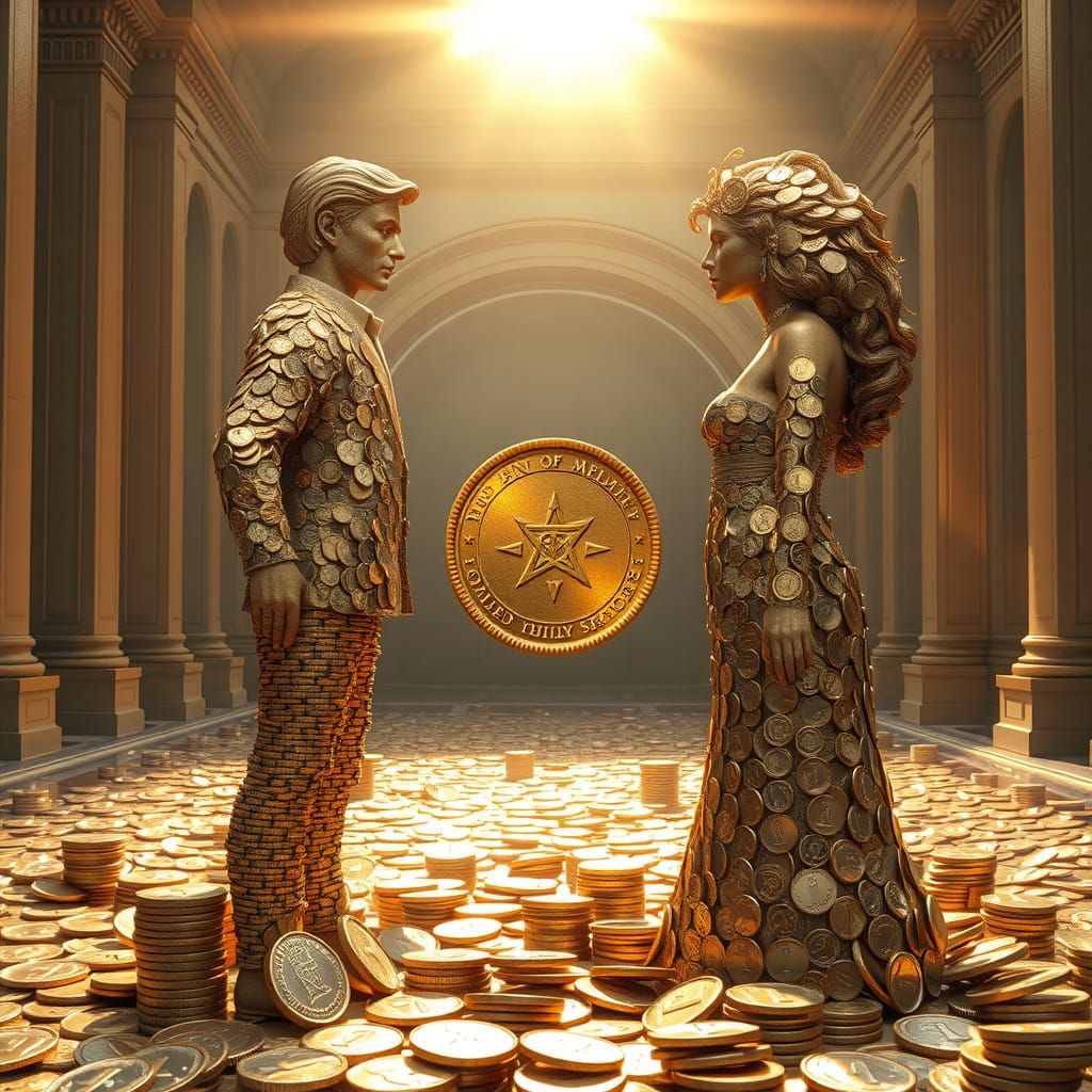 Coin Human Figures in Grand Sunlit Hall