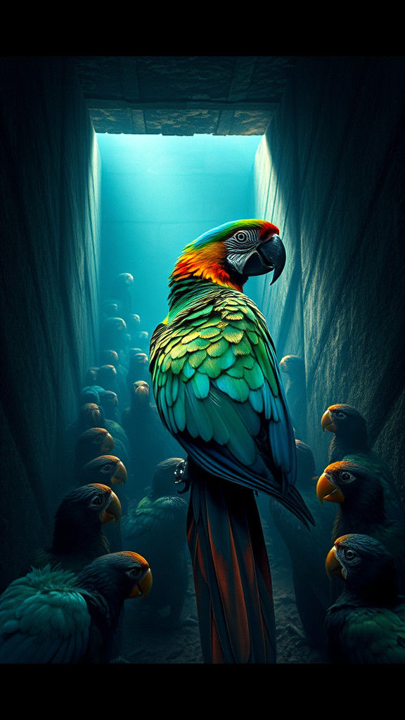 Mexican Macaw Leads Bird Battalion: Cinematic Film Still