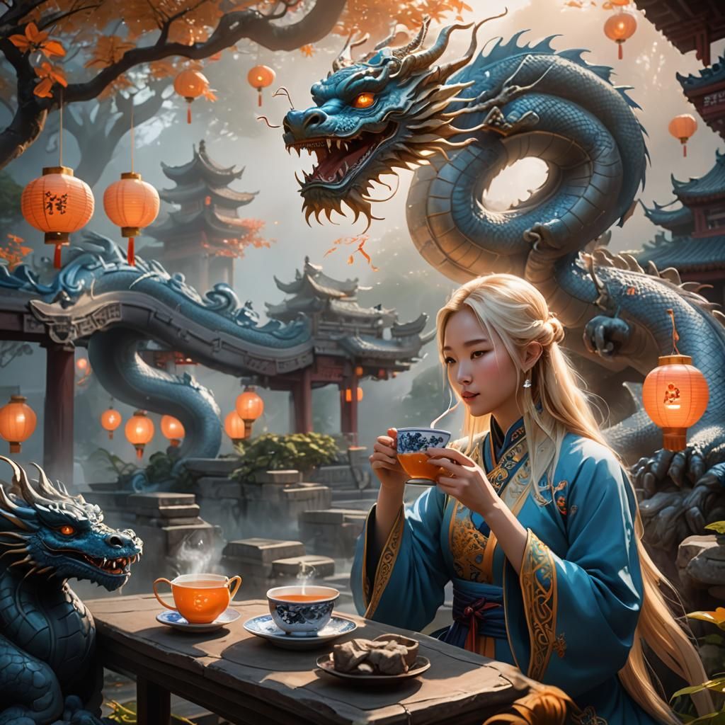 Chinese Girl and Dragon in Misty Garden