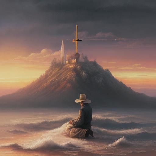 Man Kneeling at Cross in Warm Surreal Landscape