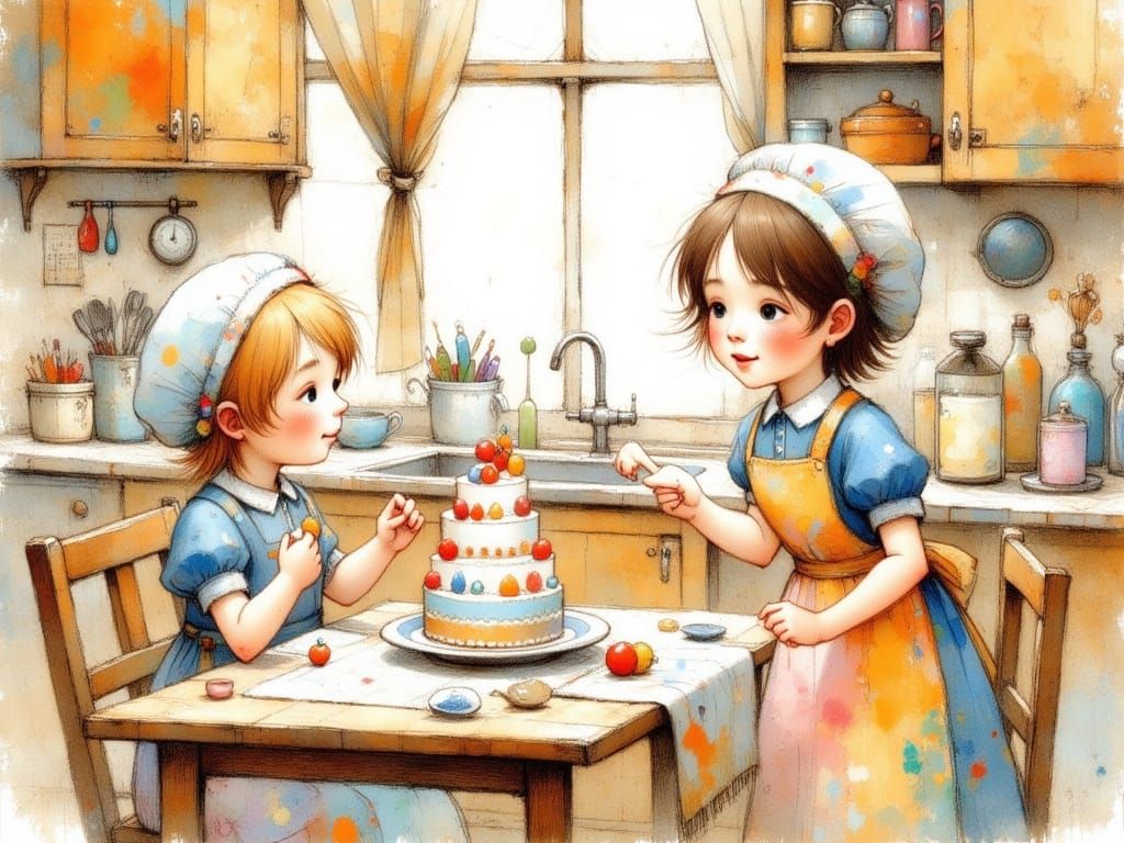 Children's Baking Joy: Storybook-Style Kitchen Chaos