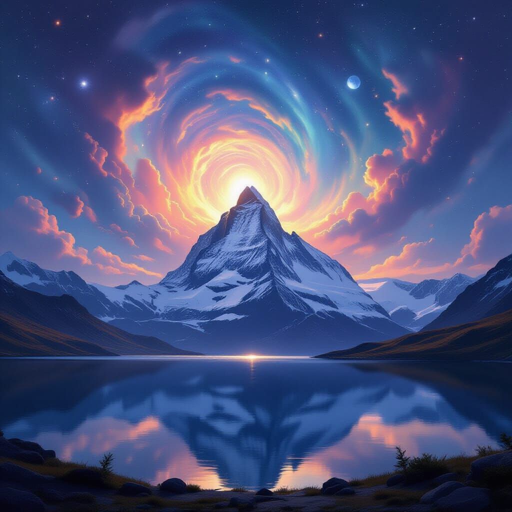 Majestic Mountain Peak Under Cosmic Sky