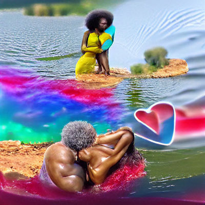 Deity Embraces Afro Woman in Colorful Lake: 8K 3D